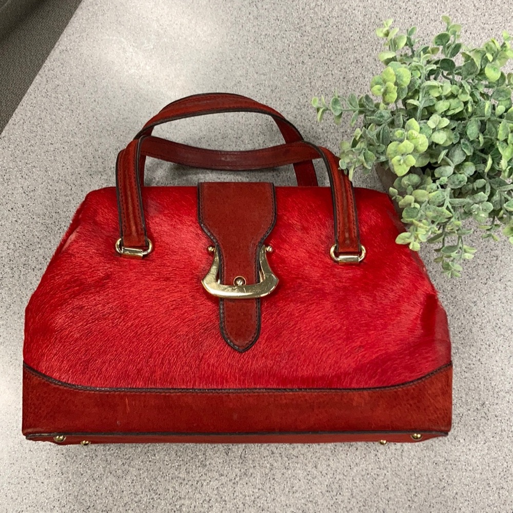RARE KORET Lg DOCTORS SATCHEL/train case- red calf hair, leather & gold hardware